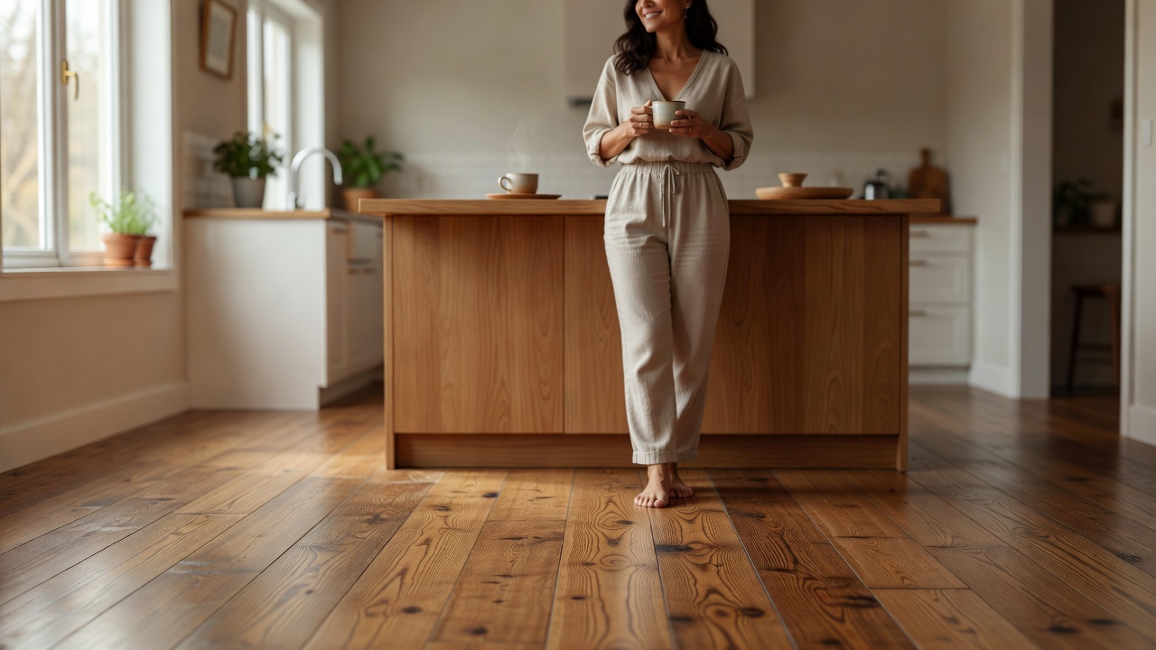 photorealistic overhead view of bare feet on warm natural cork flooring in a minimalist living room, soft afternoon light casting gentle shadows across the text