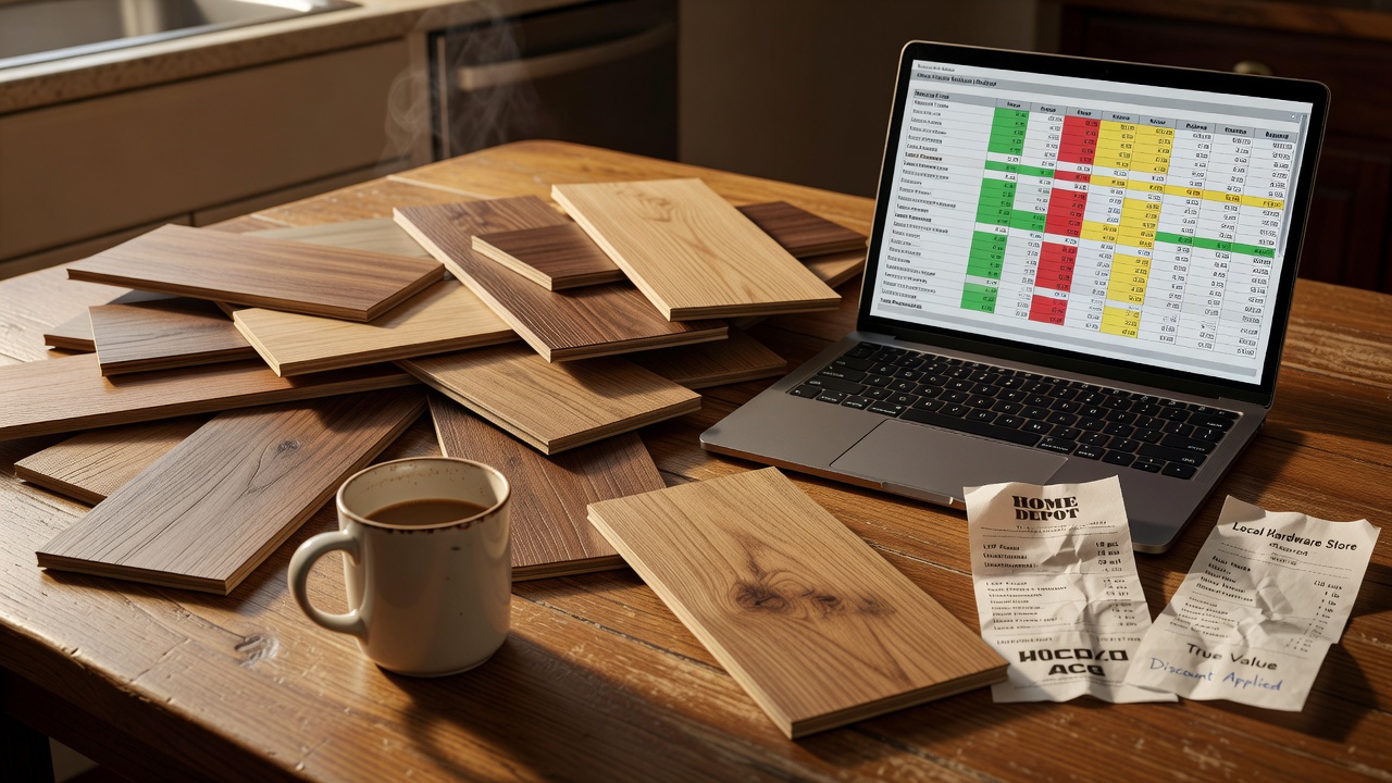 photorealistic close-up of a messy kitchen table covered in LVP sample planks, a laptop open to a color-coded budget spreadsheet, Home Depot and local store rec