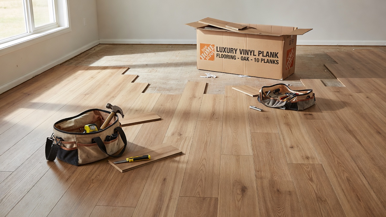 photorealistic shot of a partially installed LVP floor in a sunlit living room with uneven gaps near baseboards, open tool bags, and a Home Depot box in the bac