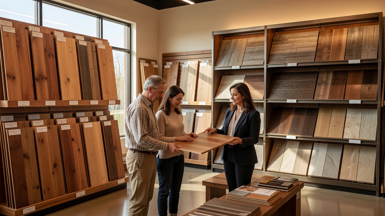 photorealistic interior of a specialty flooring showroom with warm lighting, neatly arranged hardwood and LVP displays on racks, a couple examining samples with