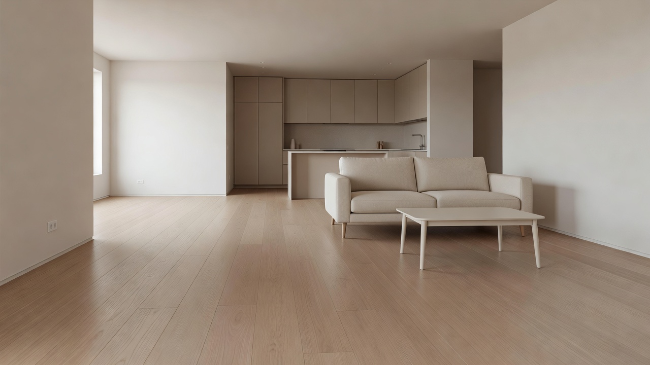 photorealistic open-concept living room staged for sale with continuous warm-neutral matte hardwood floors from entry through kitchen, soft natural window light