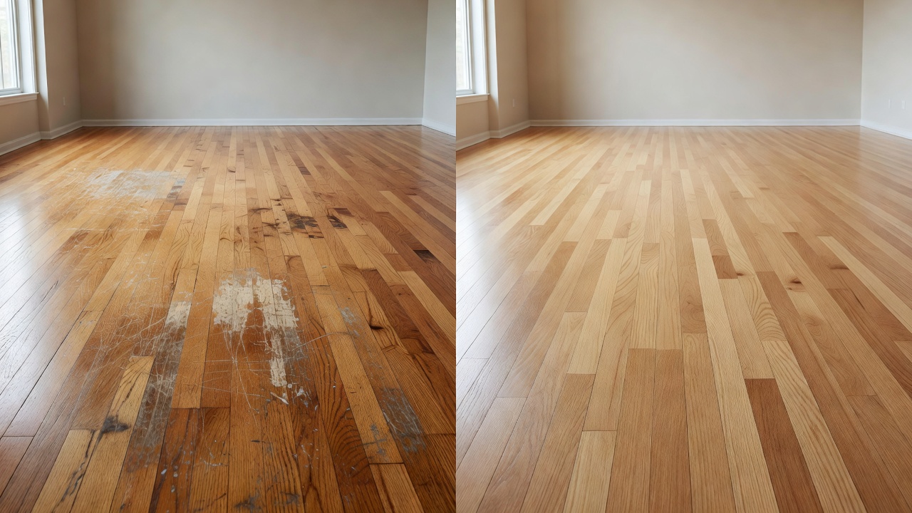 photorealistic side-by-side of dull scratched orange oak hardwood before refinishing and the same room after light warm matte refinish, empty staged space, natu