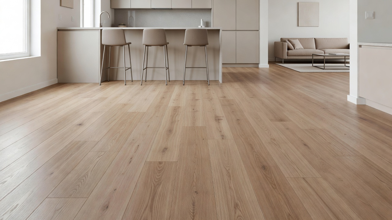 photorealistic kitchen and adjoining living area with seamless light oak-look LVP flooring, staged island stools, soft daylight, clean modern resale staging, no