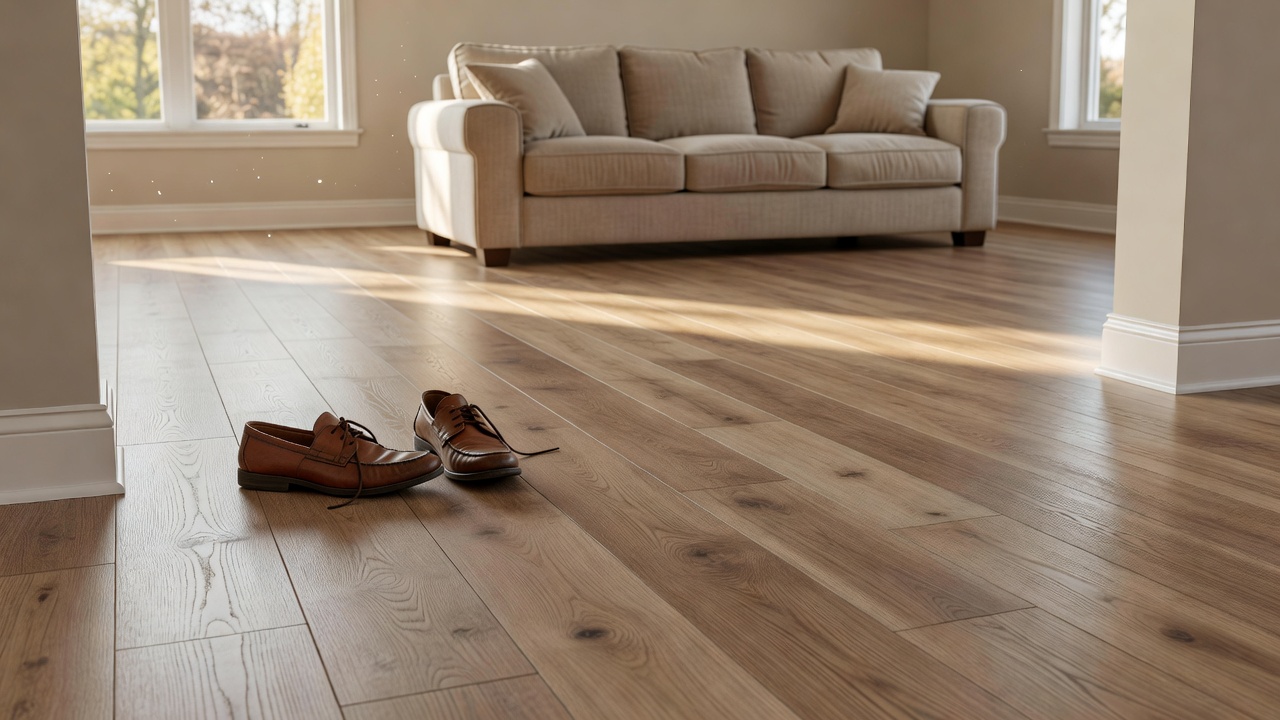 photorealistic open-house entryway with warm oak-look LVP flooring, soft natural light from a front door, staged console table, buyers' shoes visible at the thr