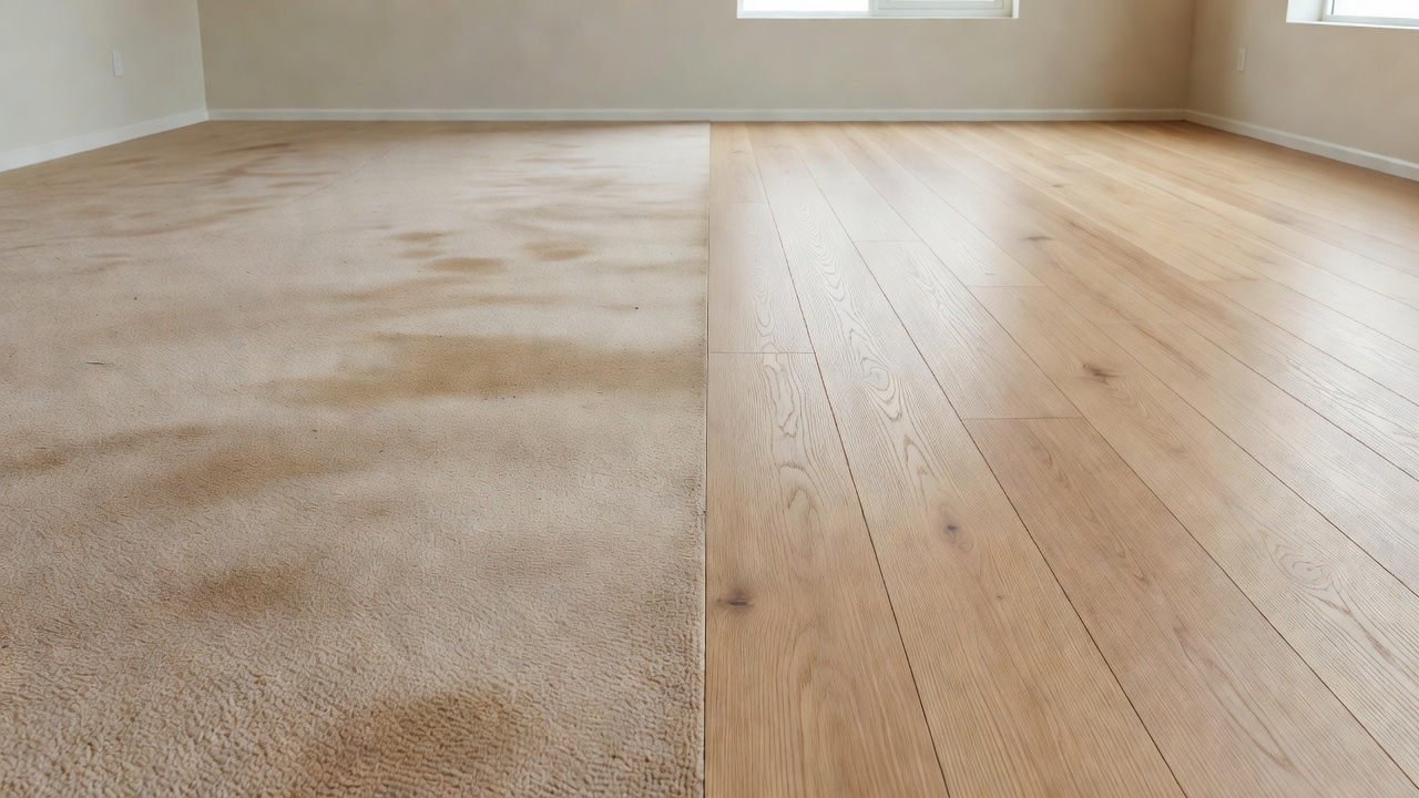 photorealistic side-by-side comparison of a dated stained carpet living room versus the same room with fresh neutral LVP, staged identically with sofa and light
