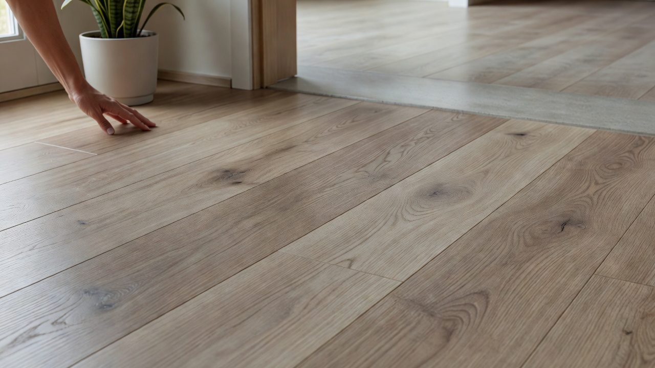 photorealistic real estate agent walking a young couple through a bright staged living room with continuous light wood flooring, clipboard in hand, couple looki