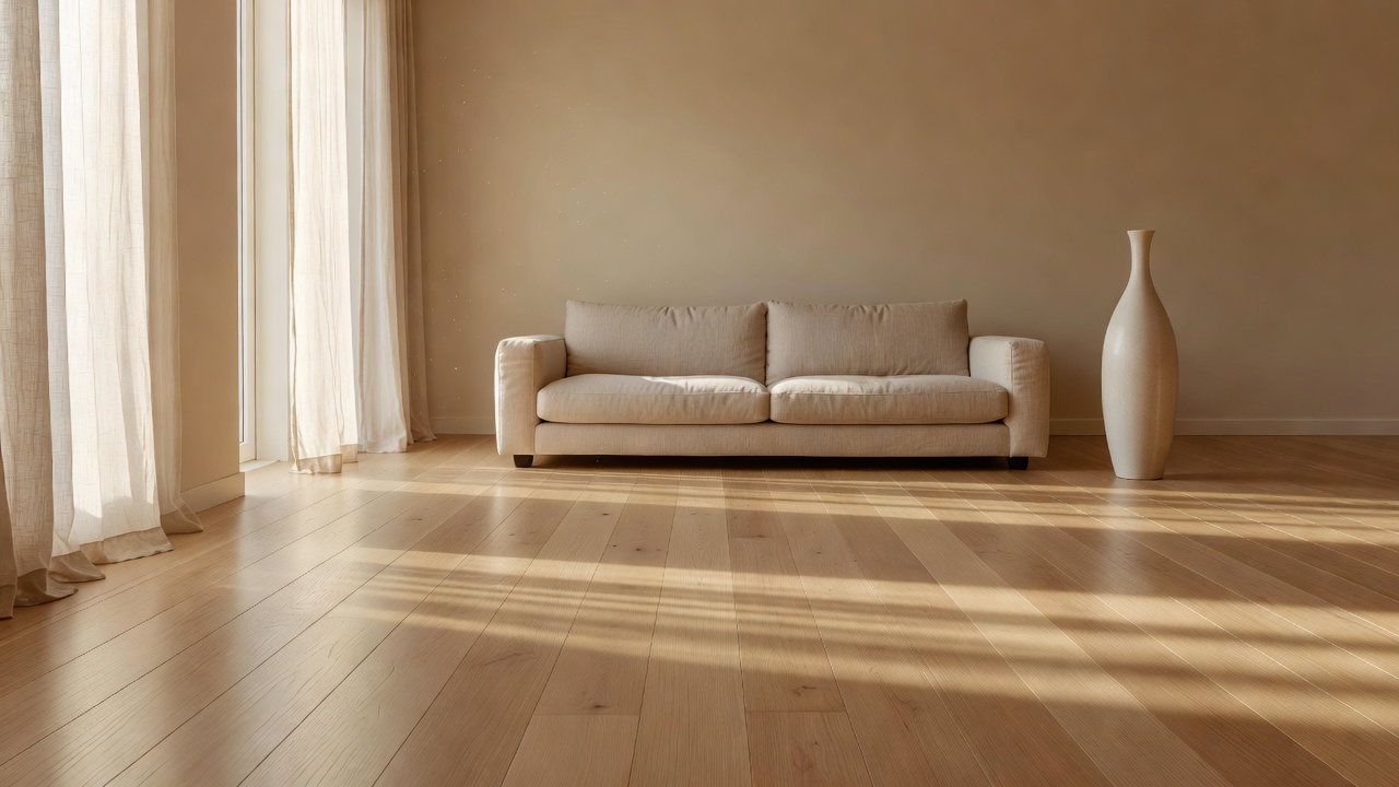 sunlit pale oak hardwood floor in a minimalist bedroom with linen bedding and soft shadows showing how light flooring color affects mood toward calm