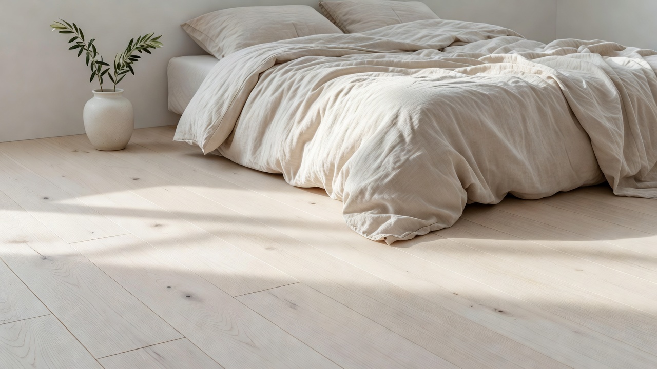 side-by-side comparison of light warm oak versus dark fumed oak flooring in identical serene living rooms demonstrating light vs dark flooring mood effects