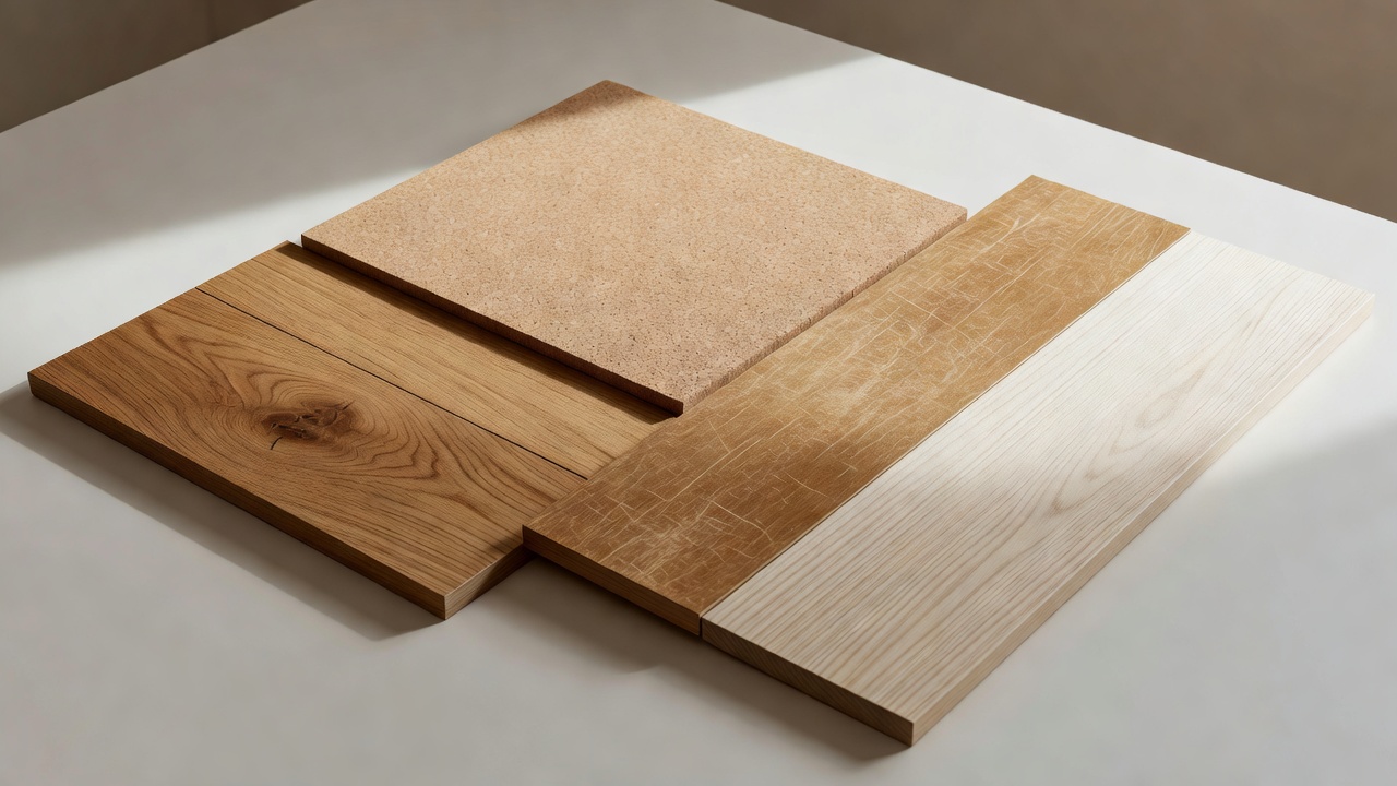 photorealistic detail shot of mixed flooring samples arranged on a styling table—honey oak grain, matte cork, soft-scraped warm vinyl, pale ash hardwood—natural