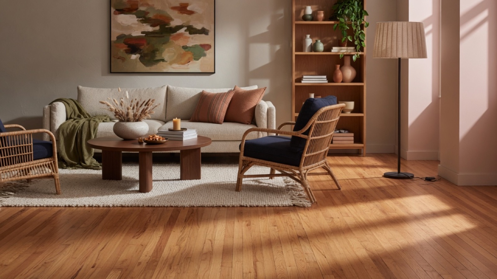 Warm oak hardwood floor setting the mood in a sunlit living room