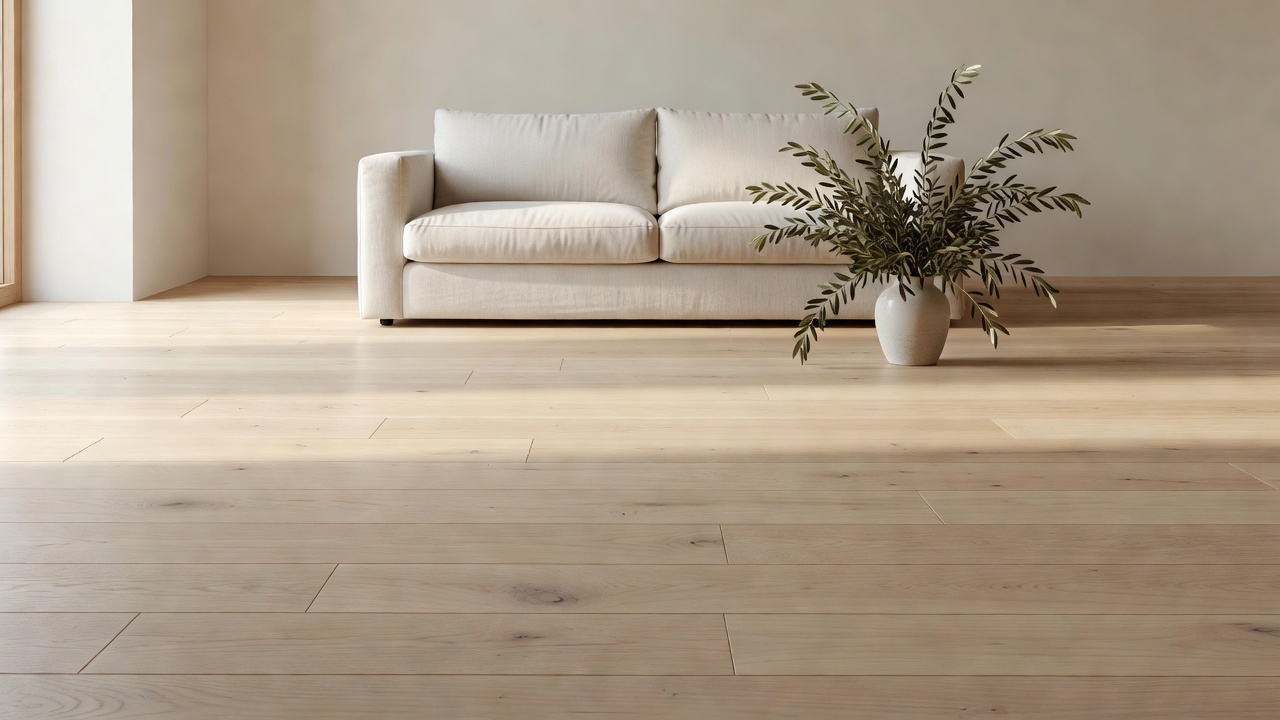 sunlit open-plan living room with pale matte oak wide-plank flooring reflecting soft afternoon light, linen sofa, olive branches in ceramic vase, airy calm atmo
