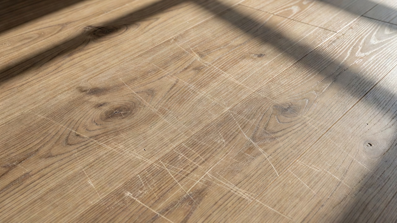 close-up photorealistic macro of scratched light-oak LVP plank surface under raking afternoon light, showing fine parallel abrasive tracks through the clear wea