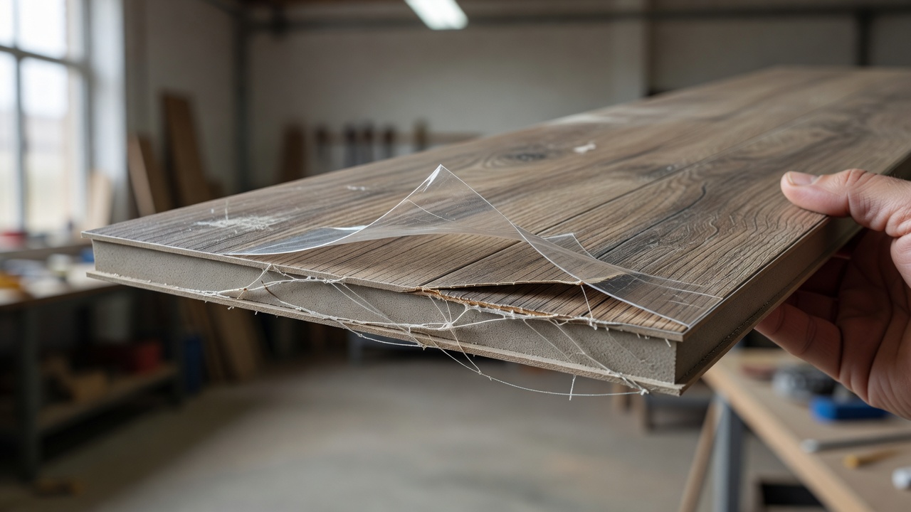 photorealistic side-profile cross-section of delaminated luxury vinyl plank held at an angle, clear wear layer and printed film peeling away from the rigid core