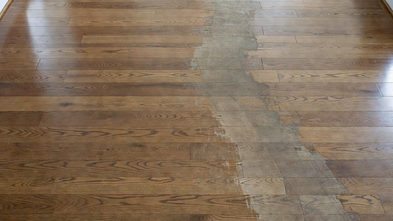 photorealistic top-down view of high-traffic hallway transition from protected area to worn zone on medium-tone engineered hardwood, clear contrast between inta