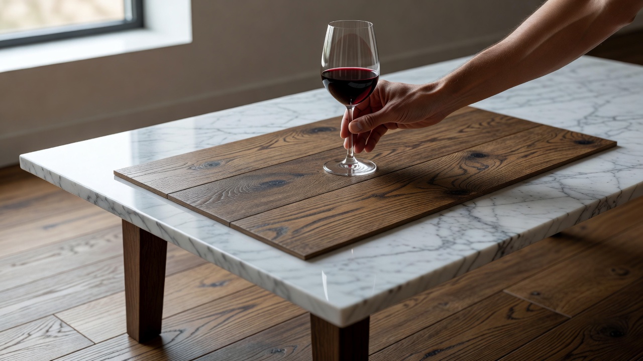 photorealistic close-up of a discerning man's hand holding a wine glass above a sample of luxury vinyl plank flooring on a marble-topped tasting table, soft gal