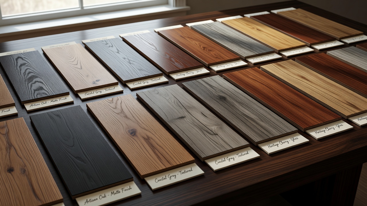 photorealistic overhead view of luxury vinyl plank samples arranged like wine tasting flights on a dark walnut table, each plank labeled with small elegant card