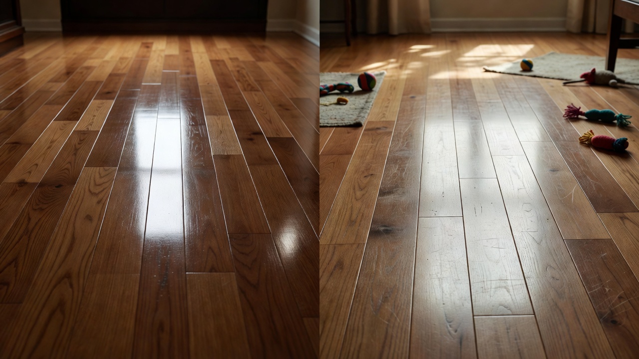 photorealistic side-by-side comparison of a pristine showroom hardwood floor under dramatic spotlighting versus the same style of flooring in a lived-in apartme