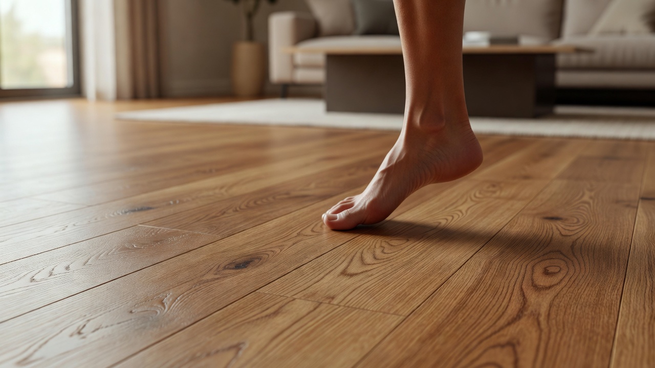 photorealistic close-up of high-end luxury vinyl plank flooring in a sunlit apartment living room, oak-look grain with soft sheen, bare foot hovering just above