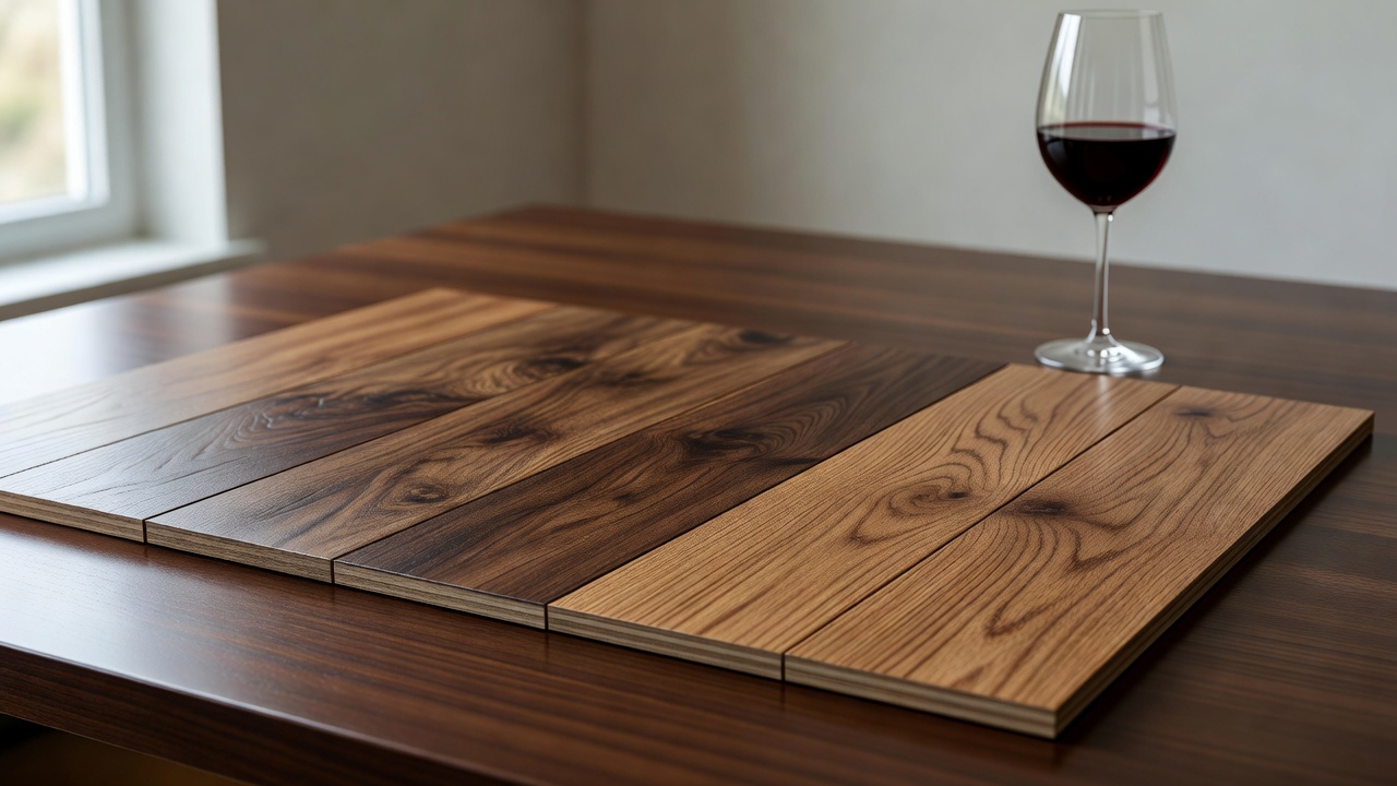 photorealistic side-by-side detail of premium luxury vinyl plank samples on a dark walnut tasting table, wear-layer edges visible, soft gallery lighting, wine g