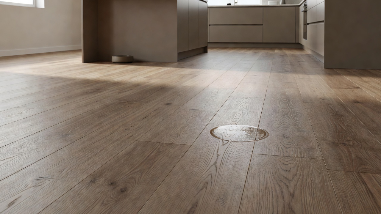 photorealistic wide shot of a modern kitchen with luxury vinyl plank wood-look floors, morning light on matte oak-pattern planks, water glass condensation ring 