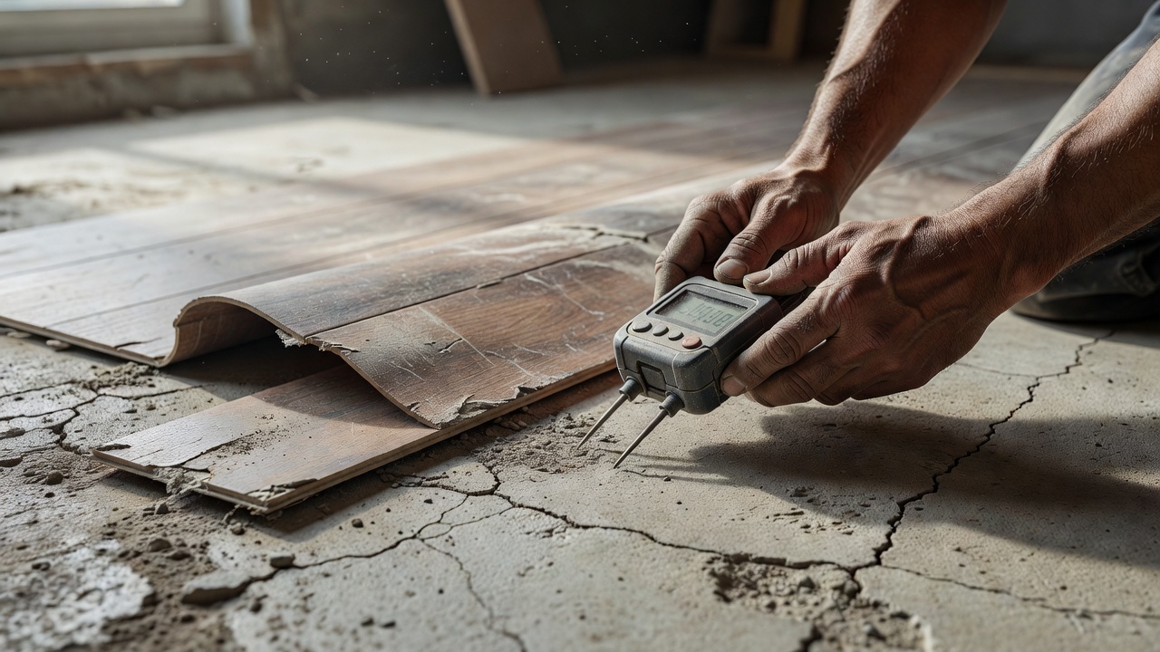 photorealistic close-up of a contractor’s weathered hands holding a moisture meter on a bare concrete subfloor next to partially pulled-up vinyl plank flooring 