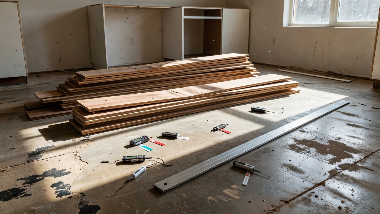 photorealistic wide shot of a residential kitchen mid-tear-out with cupped engineered hardwood planks stacked against a wall, exposed concrete slab with residua