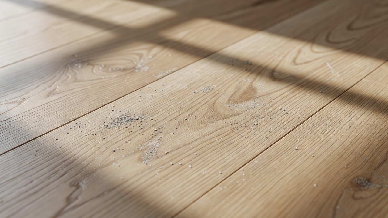 photorealistic close-up of a light oak laminate plank with fine gray grit particles scattered across the surface under angled window light, shallow depth of fie