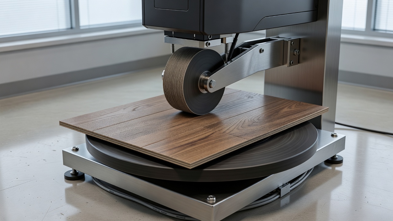 photorealistic laboratory-style scene of a Taber abraser wheel contacting a rectangular laminate flooring sample on a rotating platform, soft even lighting, met