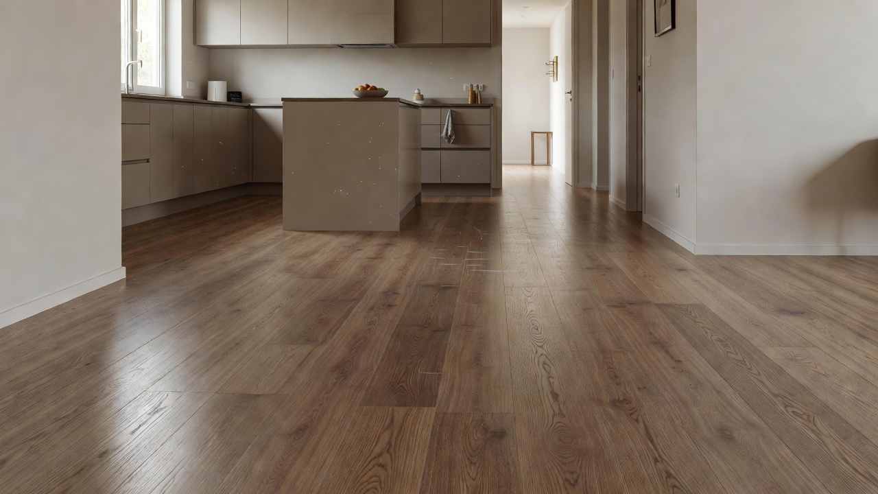 photorealistic wide shot of a sunlit open-plan kitchen and hallway with medium-tone laminate flooring, subtle high-traffic path visible near the island and entr