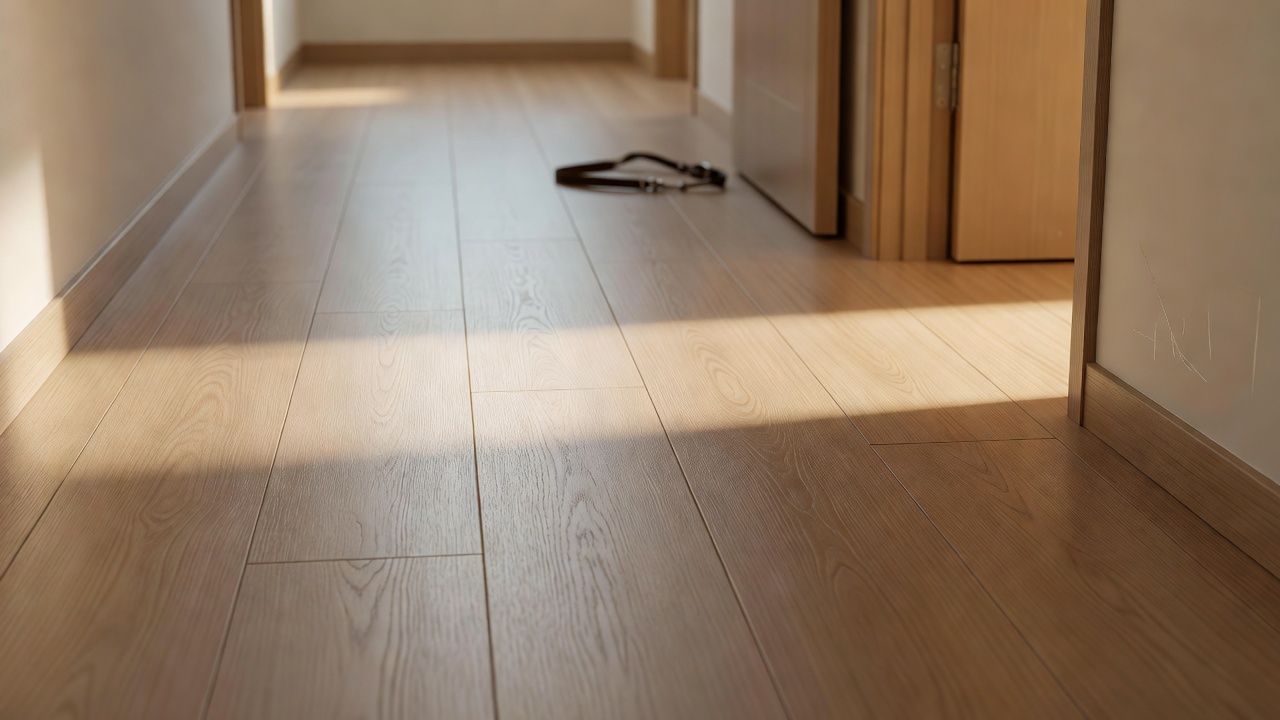 photorealistic close-up of light oak laminate hallway planks with a soft sun patch and faint scuff marks near a doorway, dog leash blurred in the background, na