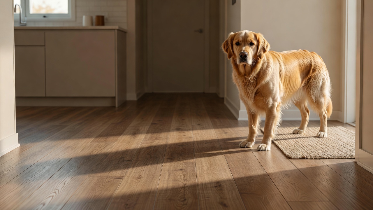 photorealistic kitchen-to-hallway transition in warm daylight with medium-tone laminate planks, a golden retriever standing near a door mat, subtle claw-length 
