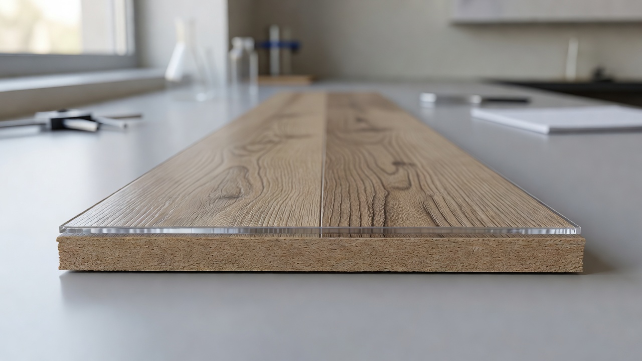 photorealistic macro side-angle of a laminate plank cross-section on a lab bench, visible clear wear layer over printed décor paper and HDF core, soft neutral l