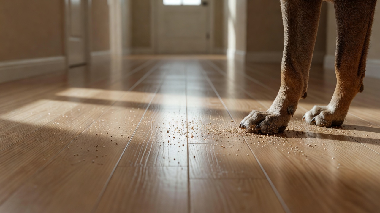 photorealistic close-up of a medium-sized dog’s paws and fine sidewalk grit on light oak laminate flooring in a sunlit residential hallway, clear wear-layer she