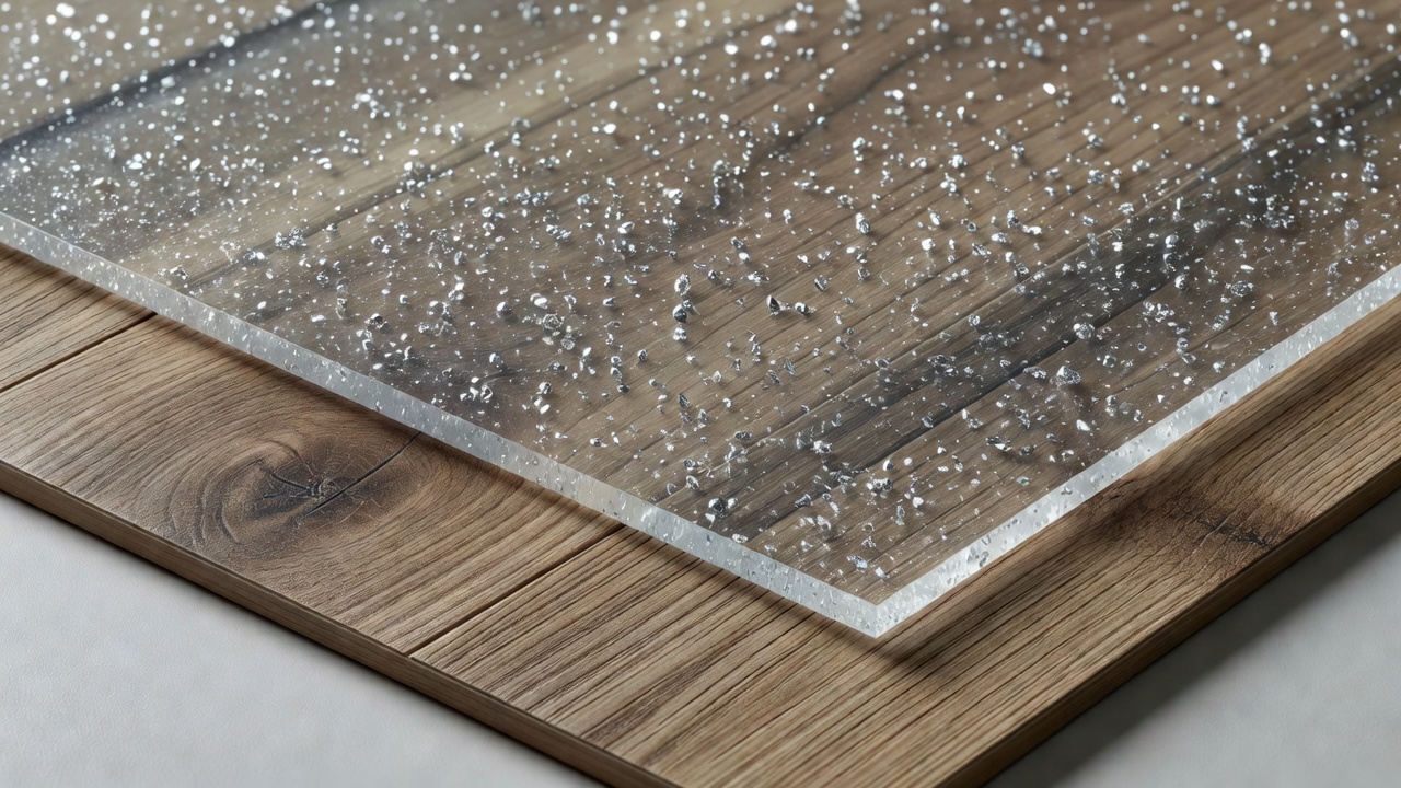photorealistic macro shot of aluminum-oxide particles embedded in a clear melamine wear layer on a cutaway laminate flooring sample, laboratory lighting, visibl