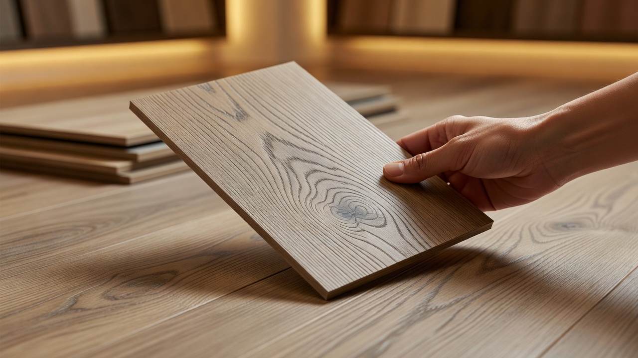 photorealistic close-up of a hand swirling a luxury vinyl plank sample under warm showroom lighting like a wine glass, wood-grain embossing catching highlights,