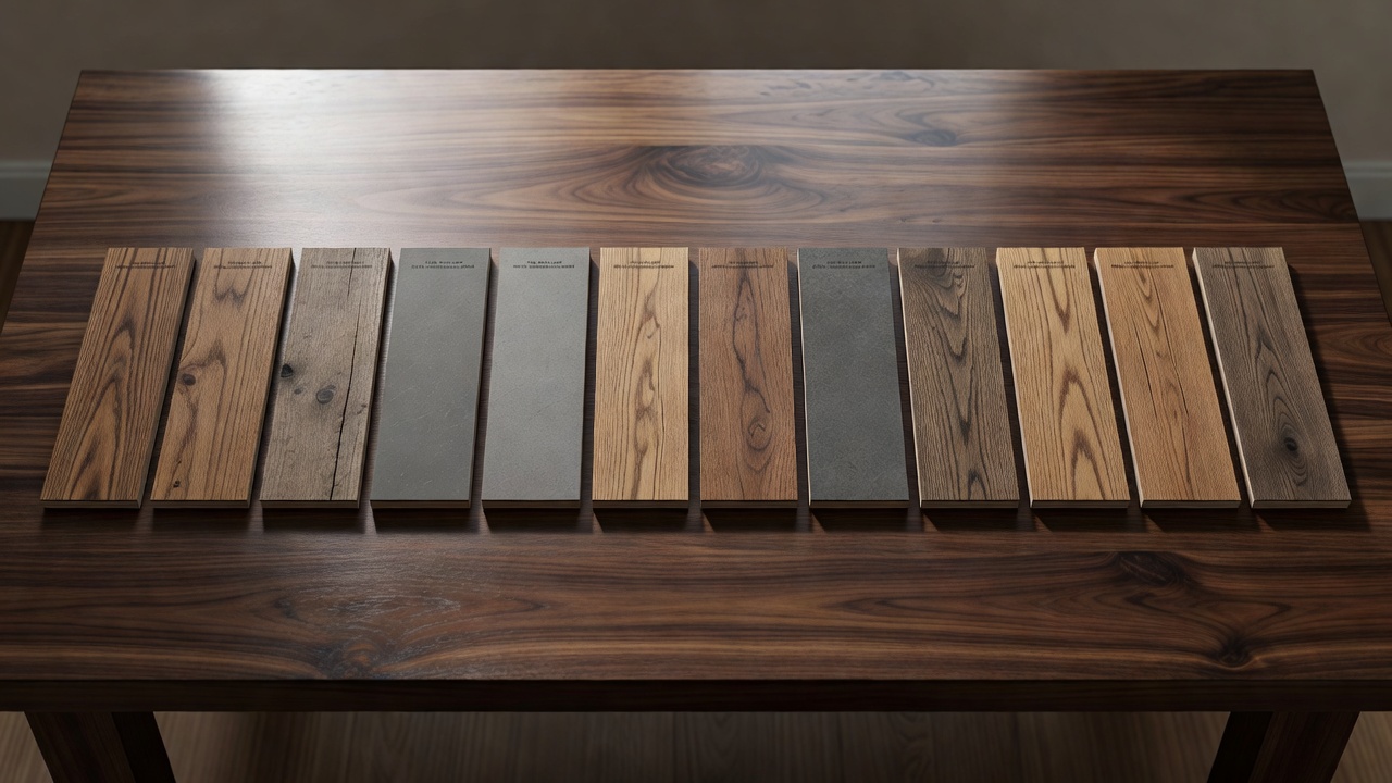 photorealistic overhead view of luxury vinyl plank samples arranged like a wine flight on a dark walnut table, labeled wear-layer mil callouts barely visible on