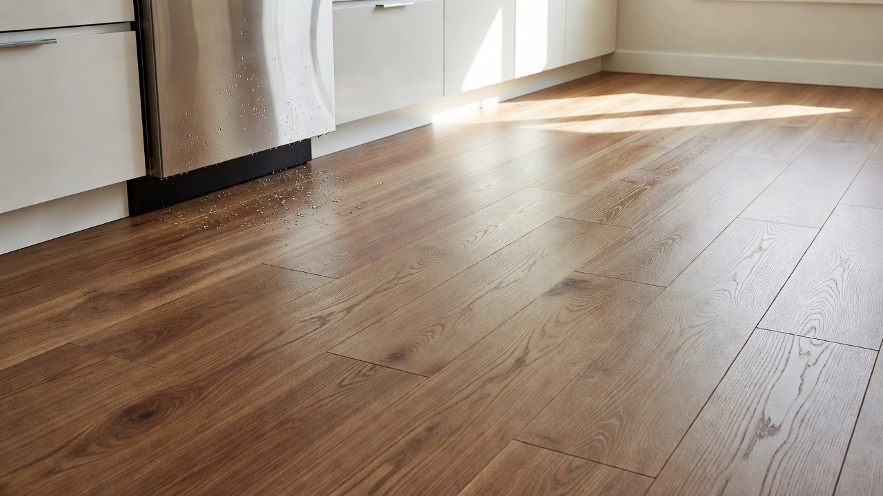 photorealistic scene of luxury vinyl plank flooring installed in a sunlit modern kitchen, water droplets beading on the surface near a stainless dishwasher, rea