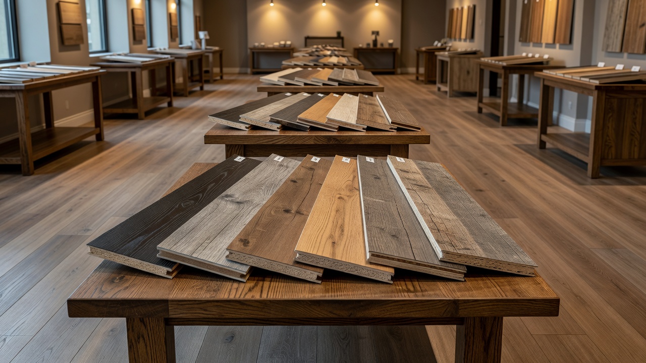 photorealistic wide shot of an upscale flooring showroom aisle lined with luxury vinyl plank sample boards fanned across oak display tables under warm recessed 