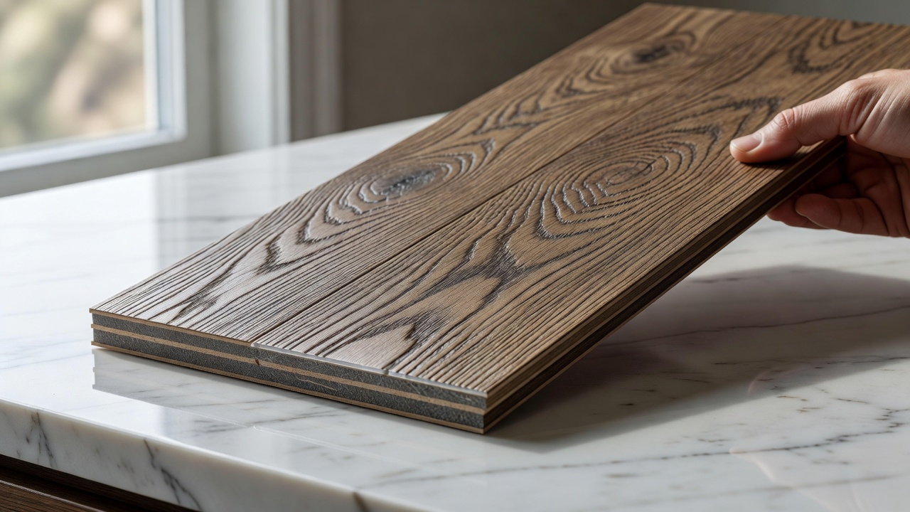 photorealistic detail of a luxury vinyl plank flooring sample being tilted under natural window light to reveal embossed wood grain texture, waterproof core lay