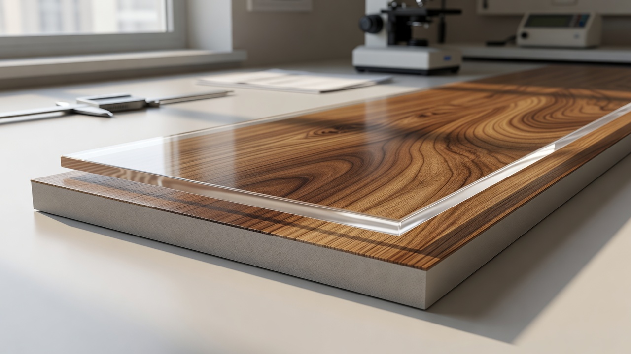 photorealistic side-by-side of two LVP plank edges under a lighted magnifier, one labeled conceptually thinner clear coat and one thicker, pet nail scratches vi