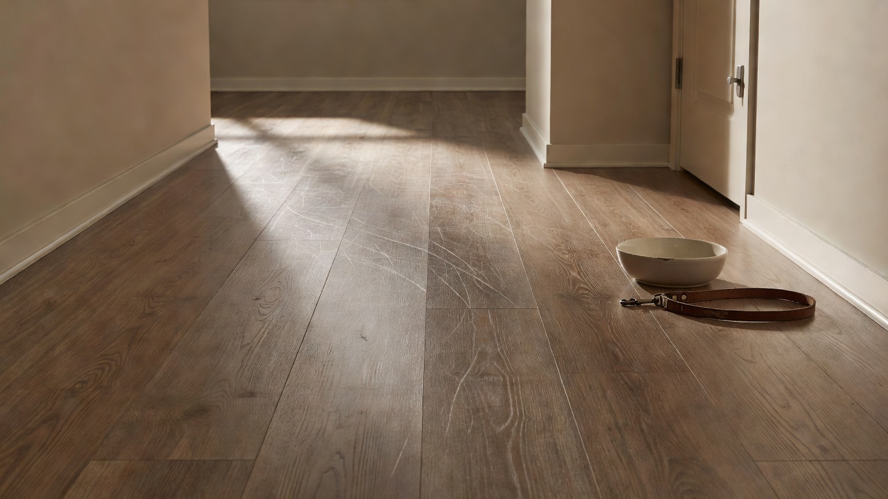 photorealistic wide shot of a sunlit open-plan kitchen and living room with matte-finish LVP flooring, golden retriever mid-stride near an island, subtle scuff-