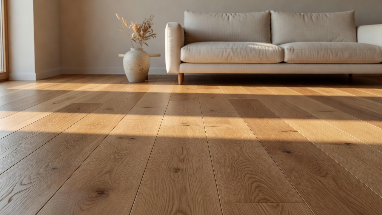 sunlit modern living room with wide-plank matte oak hardwood floors showing visible grain texture and zero glare, linen sofa and ceramic vase in soft focus, gol