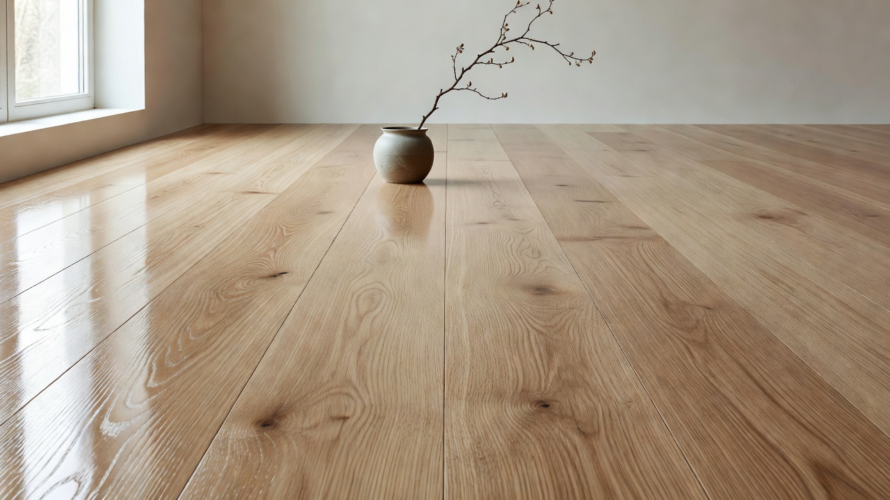 side-by-side comparison scene of identical white oak planks—one high-gloss reflecting a window harshly, one matte finish absorbing soft daylight to reveal deep 