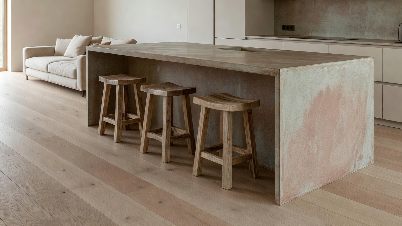 contemporary open-plan kitchen and living space with matte European oak flooring extending seamlessly under a large island, soft diffused daylight, no floor ref