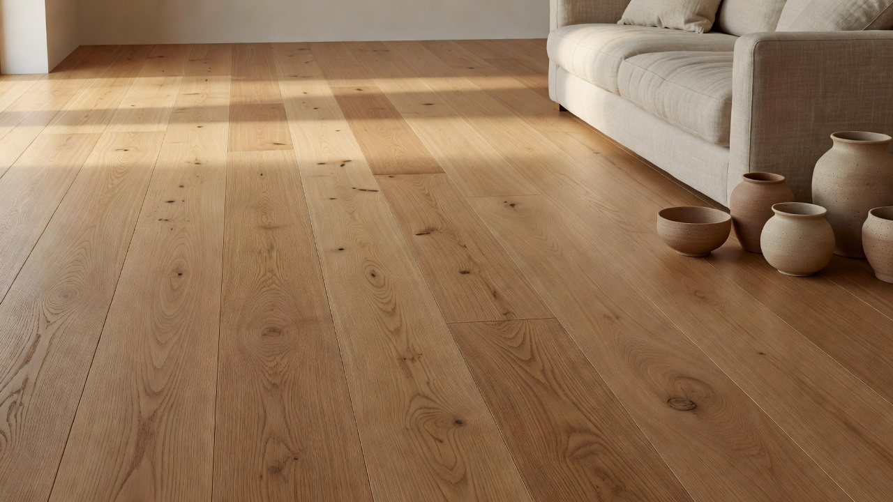photorealistic sunlit living room with wide-plank matte oak flooring in warm honey tone, soft diffused window light pooling without glare, linen sofa and raw cl