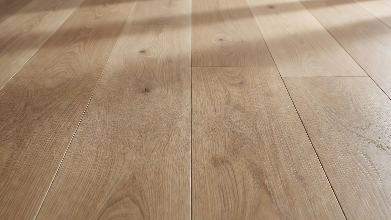 close-up photorealistic detail of satin vs matte hardwood finishes side by side on white oak planks, soft side lighting revealing open grain texture on the matt