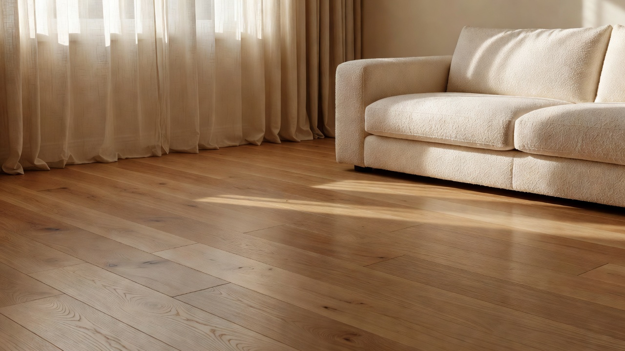 sunlit modern living room with wide-plank caramel oak hardwood floors in true matte finish, low soft luster, linen curtains, cream boucle sofa, no glare on the