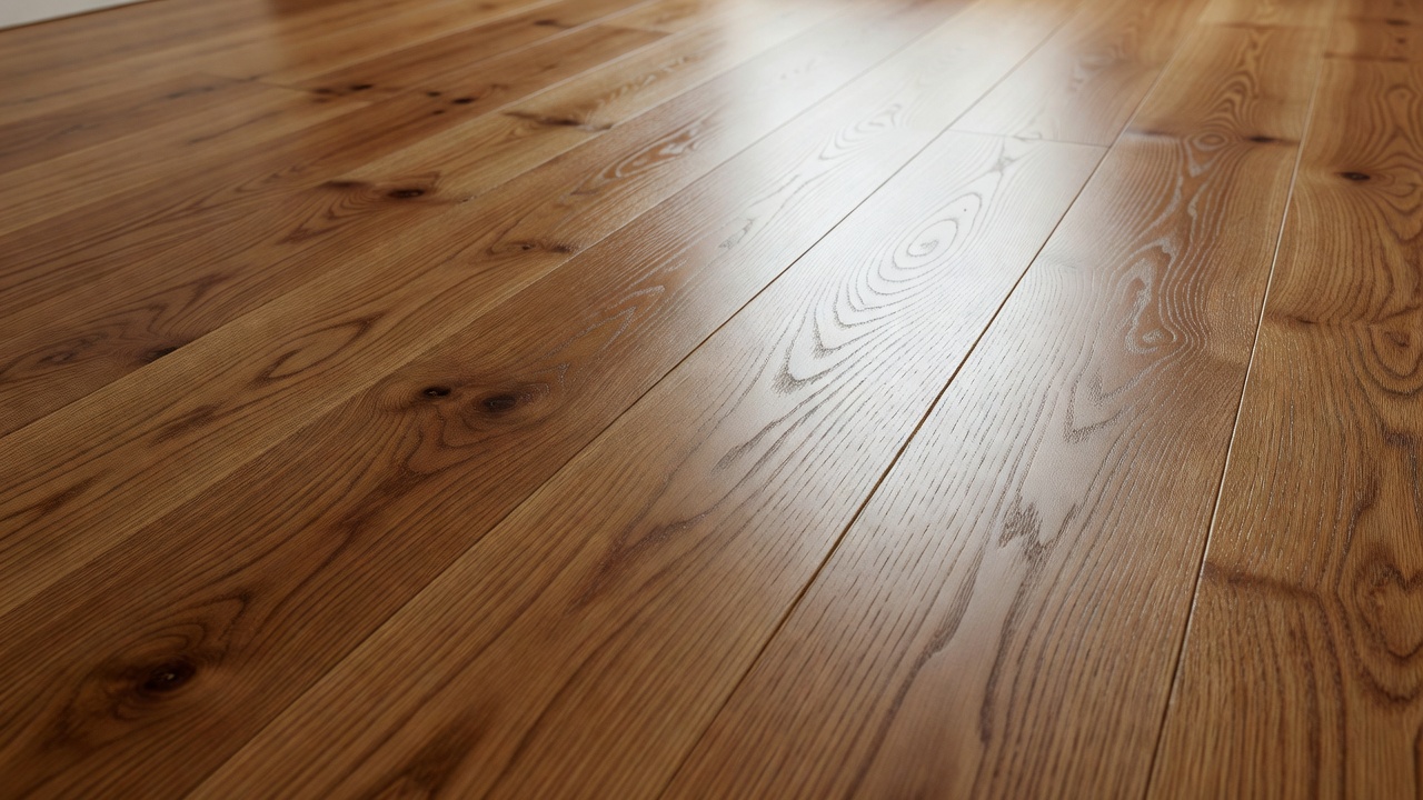 close-up photorealistic detail of satin vs matte hardwood floor finish side by side on warm caramel oak planks, left side ultra-low sheen matte absorbing light,
