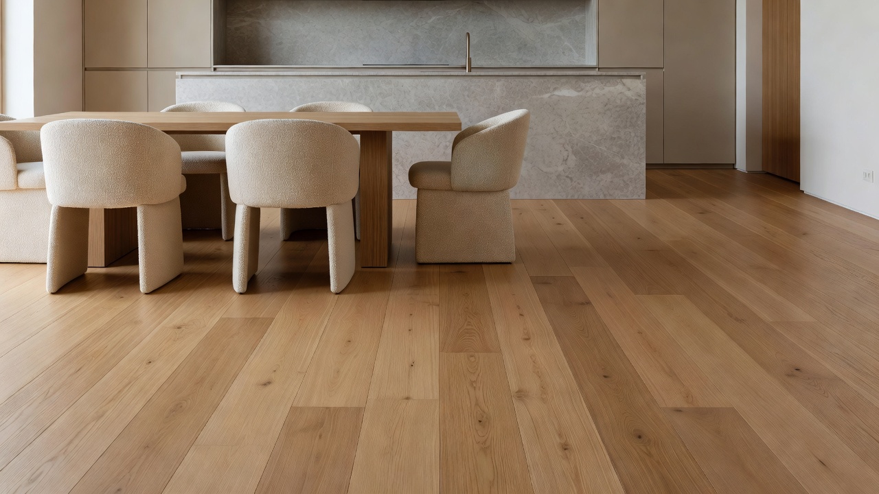 staged 2026 open-plan kitchen and dining space with matte-finish warm honey oak hardwood floors, soft natural light, boucle dining chairs, stone countertops, ze