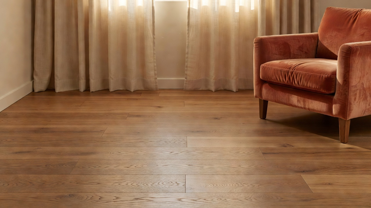 photorealistic sunlit living room with wide-plank caramel oak hardwood in matte finish, soft terracotta velvet chair, linen curtains filtering golden afternoon 
